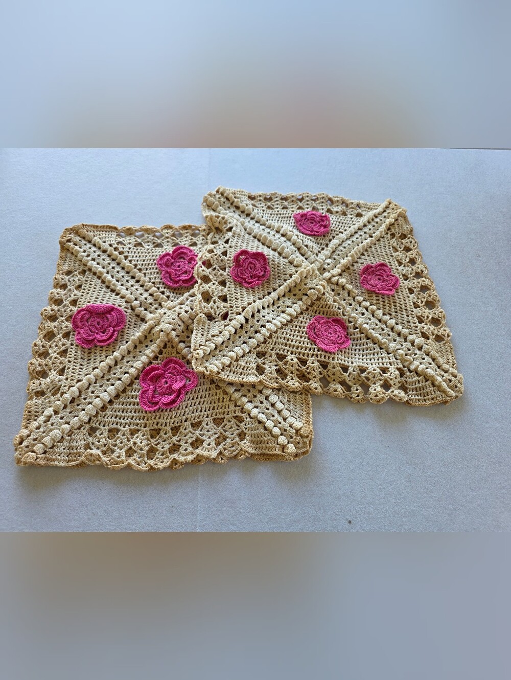 Vintage Cottagecore Handmade Crochet Throw Pillow Covers with 3D Pink Flowers